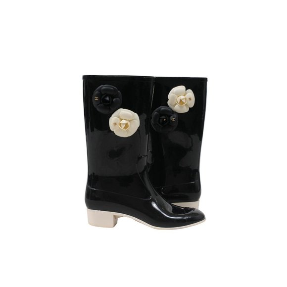 Chanel Womens Camellia Rain Boots IT 42 US 12 Black Rubber Embellished CC Flower - Picture 4 of 8
